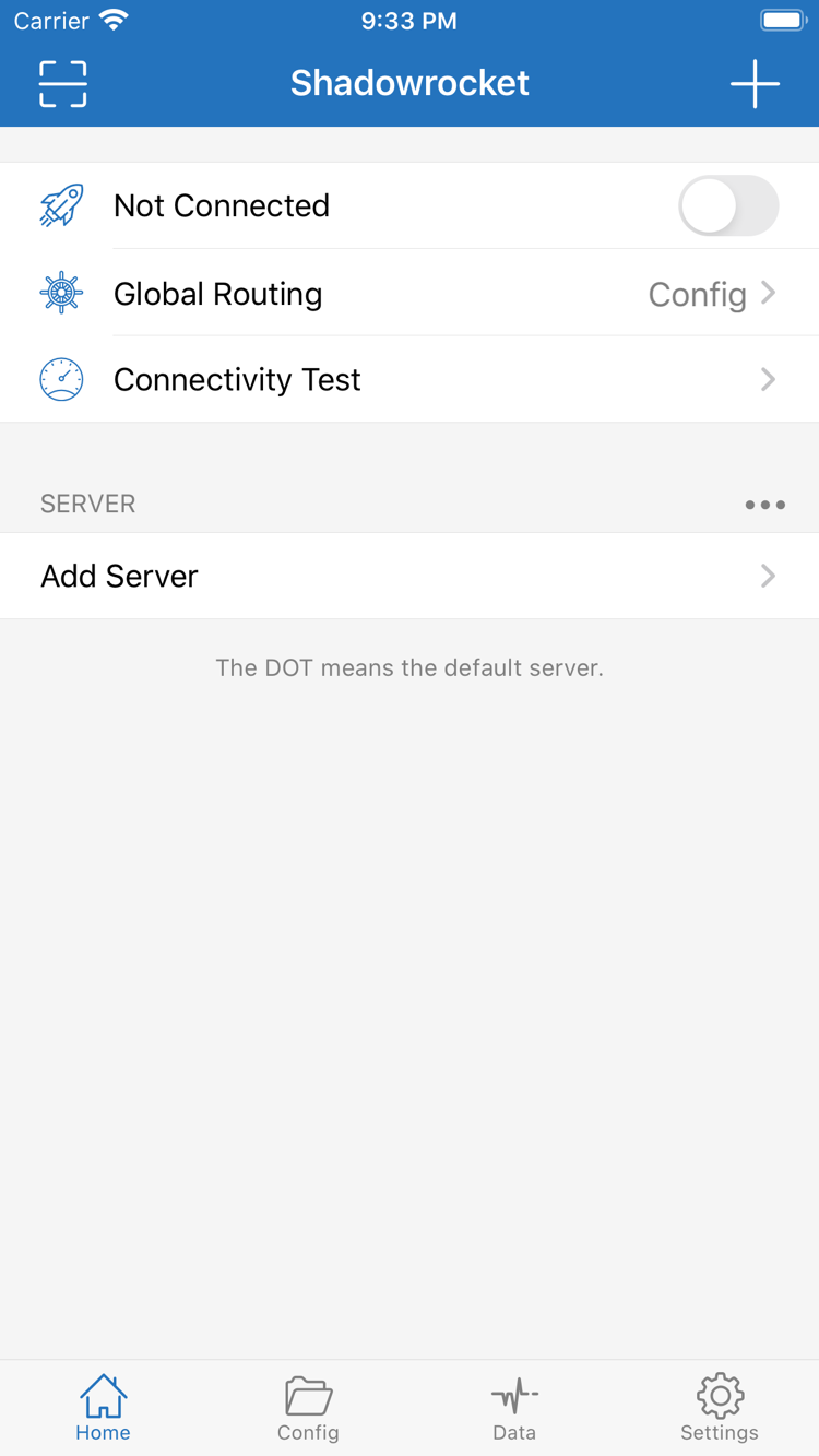 Shadowrocket의 Home 화면. 상단에 Not Connected 스위치가 있고 아래에 Global Routing, Connectivity Test, SERVER, Add Server가 표시됩니다.