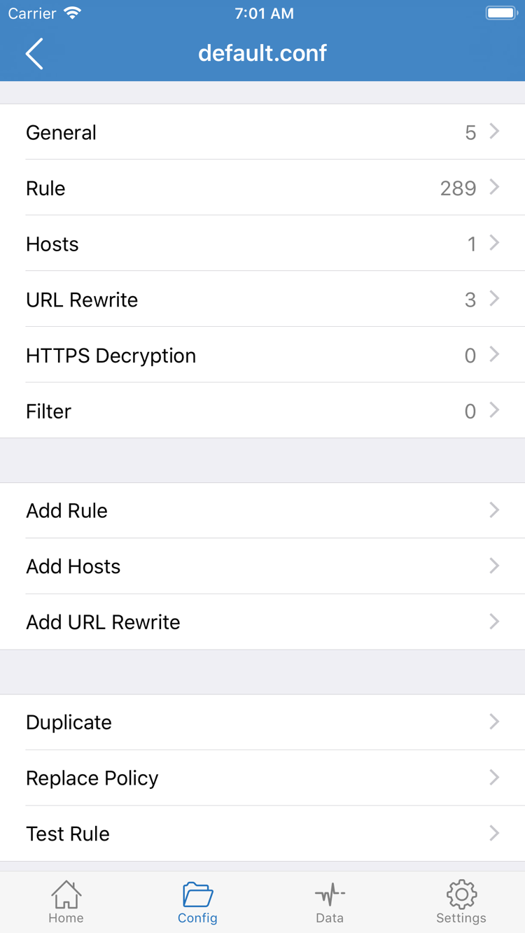 Shadowrocket의 Config 구성 편집 페이지. General, Rule, Hosts, URL Rewrite, HTTPS Decryption 및 Add Rule이 표시됩니다.